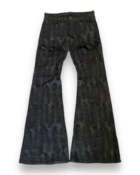kapital feather embroidered skirted raw flare denim