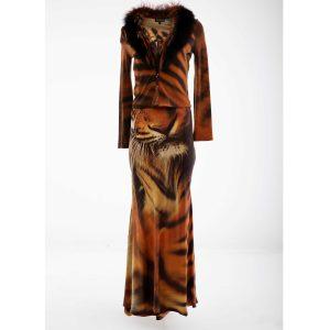 Roberto Cavalli FW2000 Runway Tiger Print Maxi Dress with Matching Fur Cardigan
