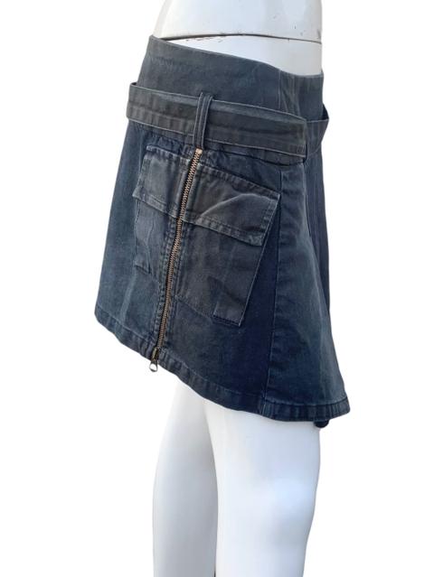 FW 2003 Michiko Koshino asymmetrical coated denim wrap skirt