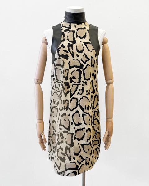 Gucci silk leopard print mini dress with black leather trim